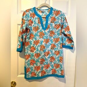 Bathing Suit Cover Up Colorful Coral Print 100% Cotton. Size Small